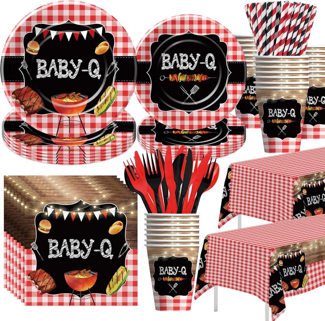Baby Q Baby Shower Decorations Tableware - BBQ Baby Shower Decorations, Party Supplies | Serve 24(Red)